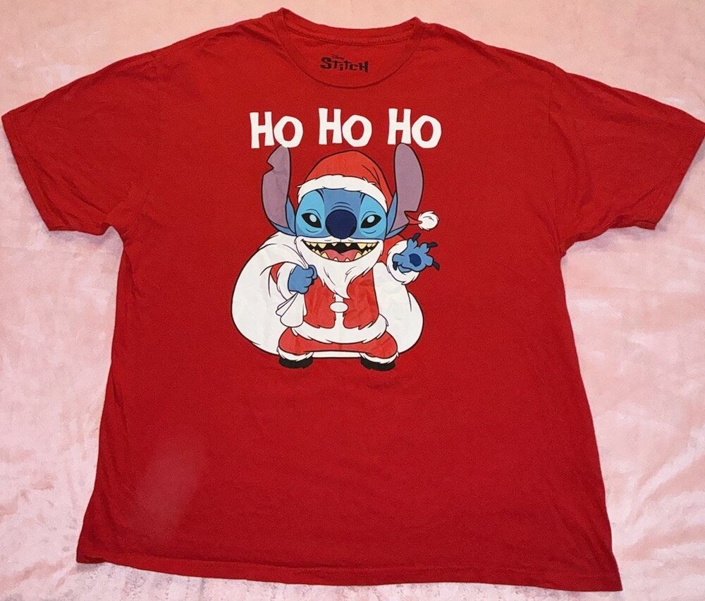 Disney Stitch T-Shirt Christmas Ho Ho Ho Men's Red XXL~2XL SS - READ